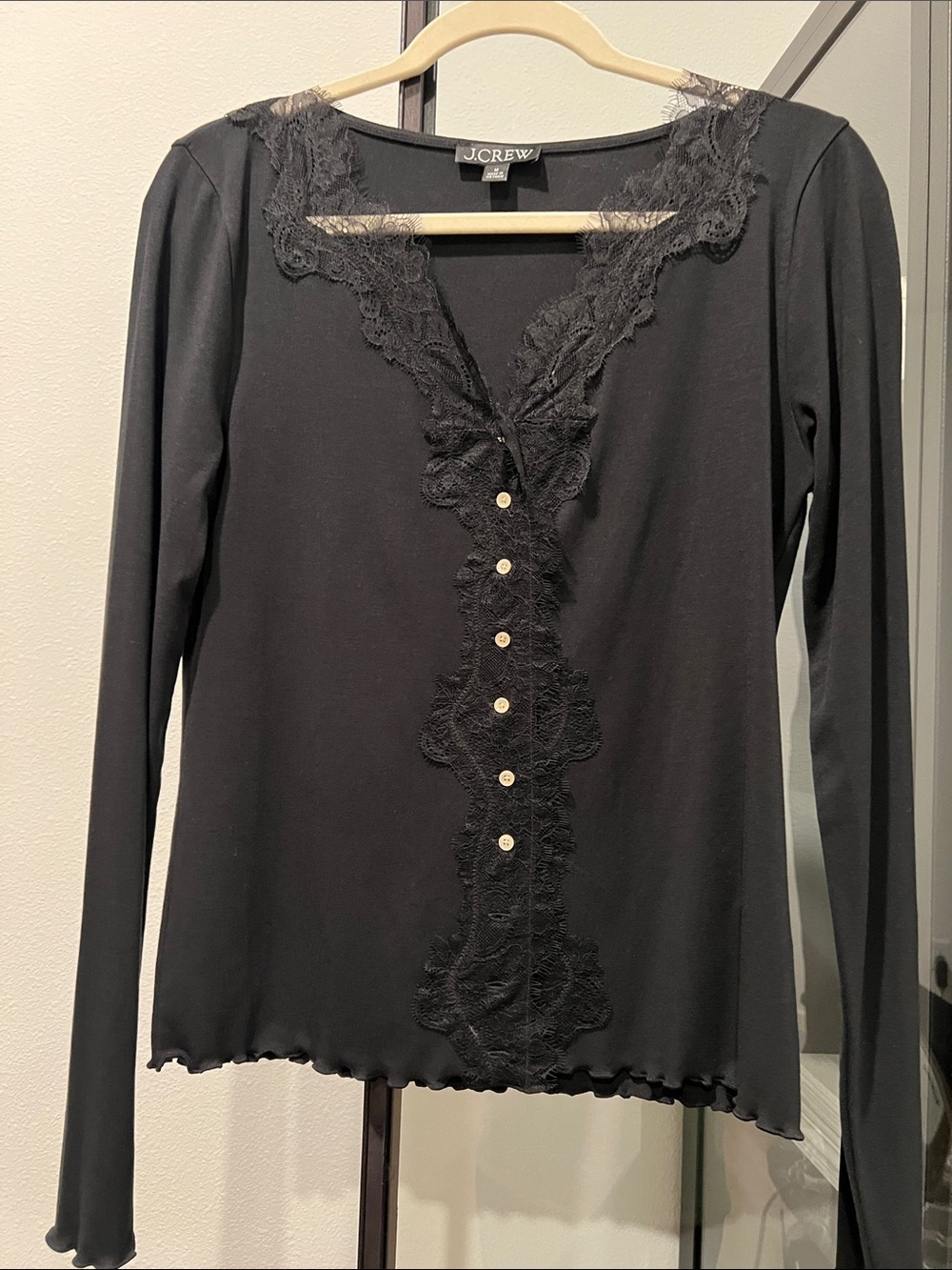J. Crew Black Lace-Trim Long Sleeve Henley